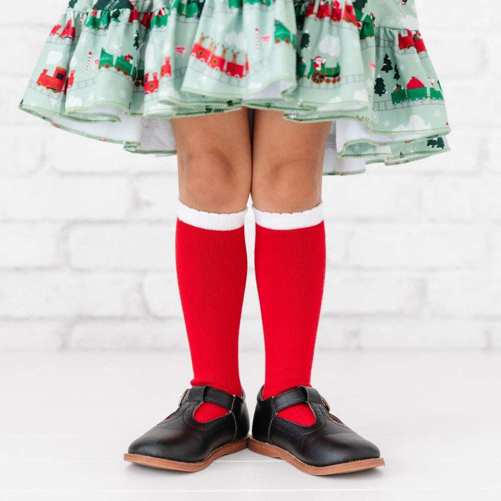 Red/White Scalloped Knee High Socks|11021