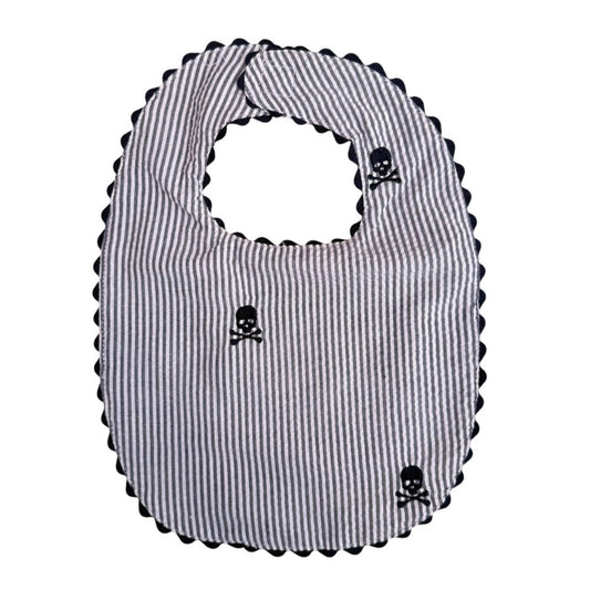 Navy Seersucker with Skulls Bib|10106