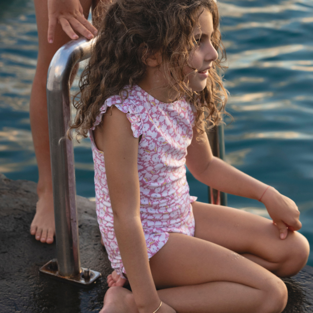 girls blush bloom ruffle cap sleeve rashguard one piece|11384