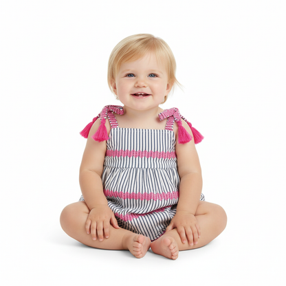 Zoe Romper- Marine Stripe Embroidery