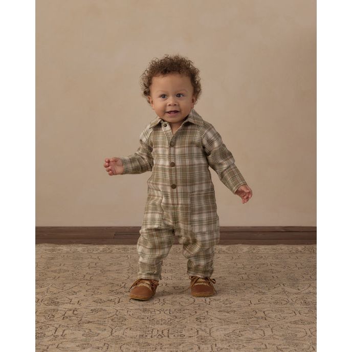 Collared Baby Jumpsuit Olive Dobby Plaid