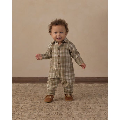 Collared Baby Jumpsuit Olive Dobby Plaid
