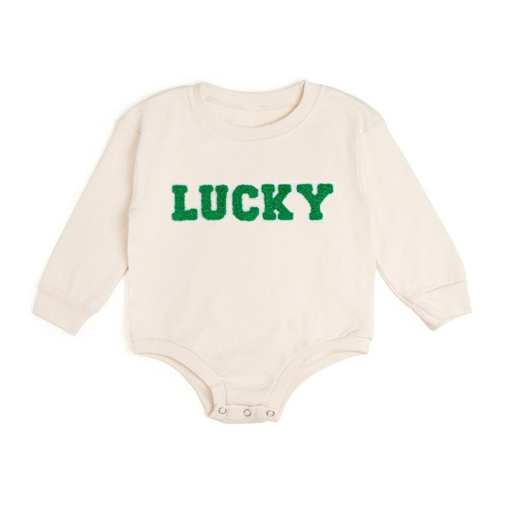 Lucky Varsity Patch St. Patrick's Long Sleeve Romper Natural|10883