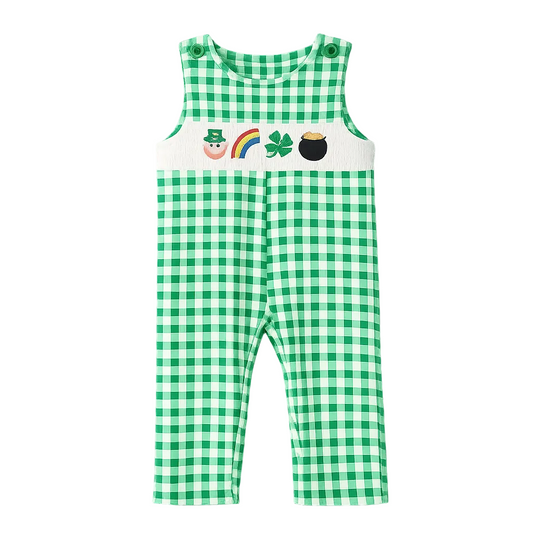 St. Patrick's Day Shamrock Smocking Embroidered Green Plaid Boys' Romper