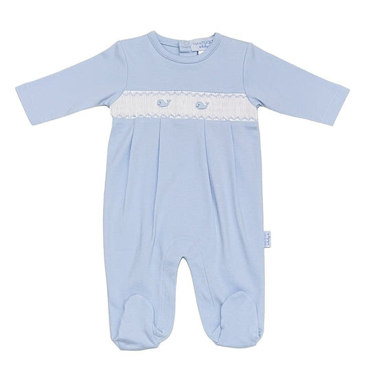 Whale Watch Smocked Footed Romper-Chatham Bars Blue