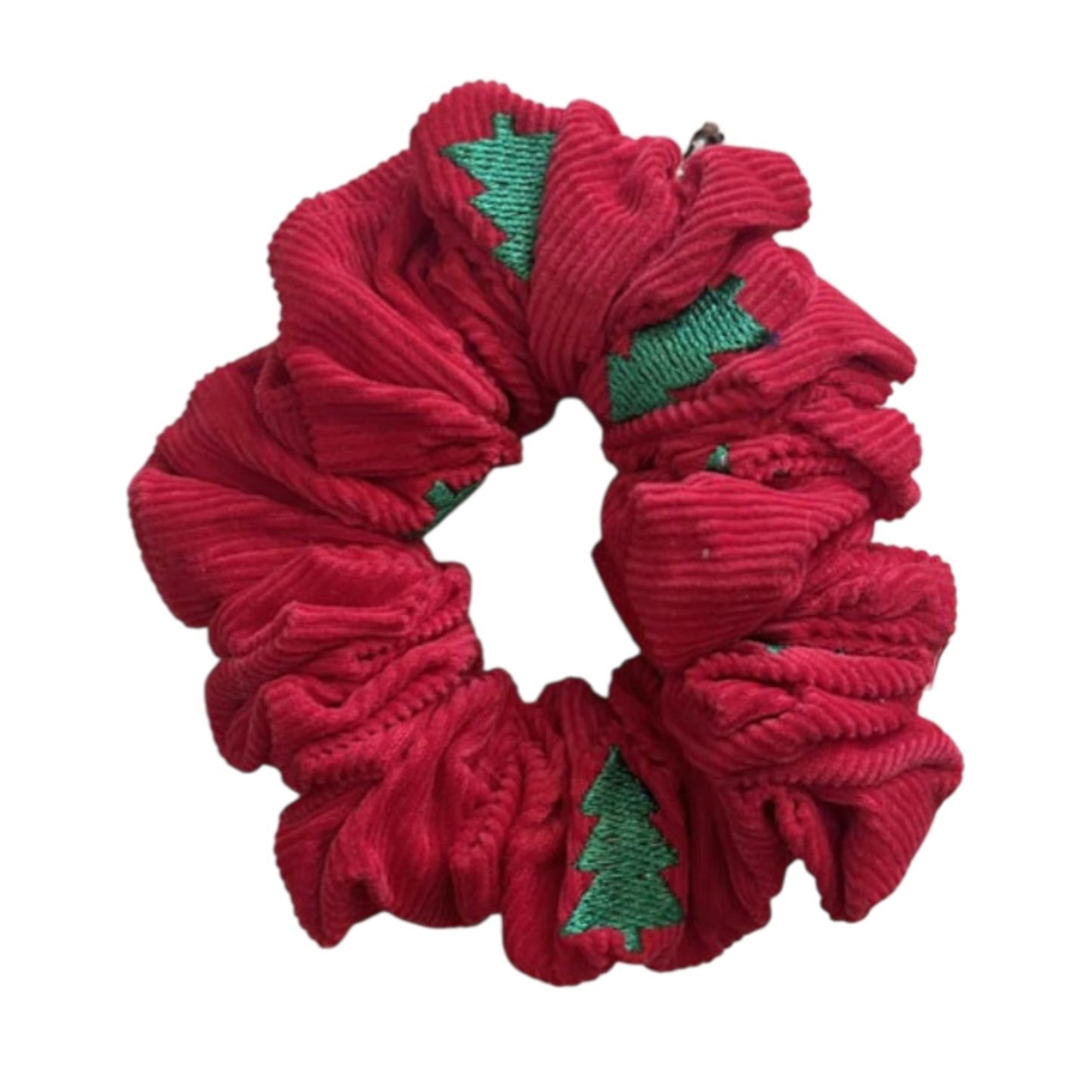 Red Corduroy Scrunchie with Green Christmas Trees