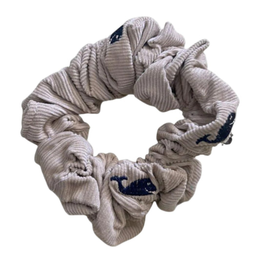 Tan Corduroy Scrunchie With Navy Whales