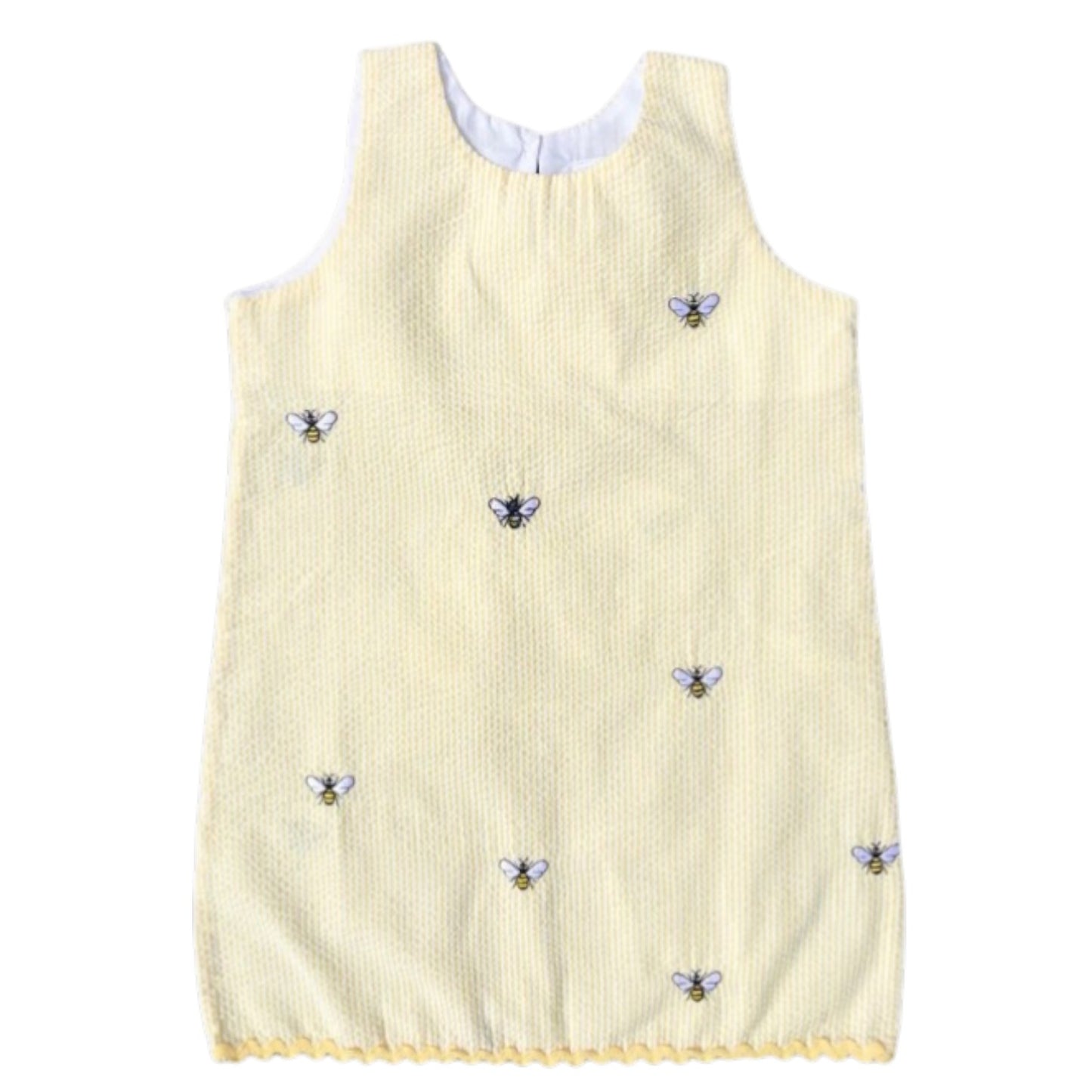 Yellow Seersucker Dress with Embroidered Bees