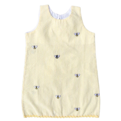 Yellow Seersucker Dress with Embroidered Bees