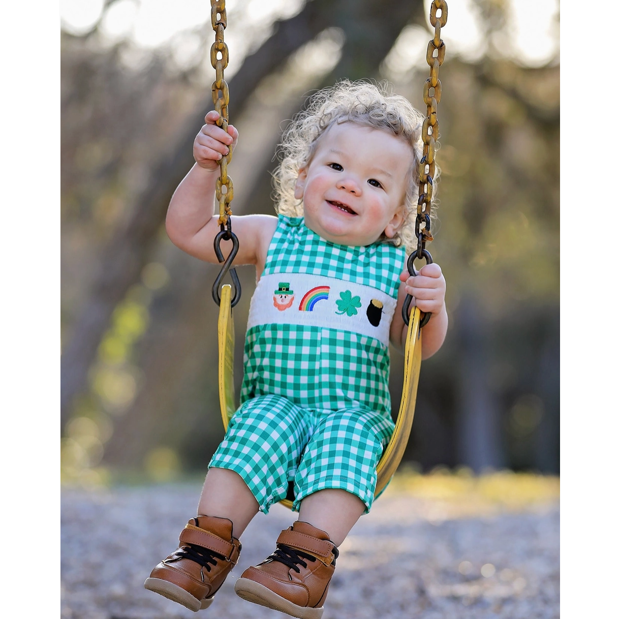 St. Patrick's Day Shamrock Smocking Embroidered Green Plaid Boys' Romper