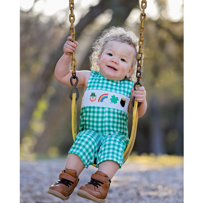 St. Patrick's Day Shamrock Smocking Embroidered Green Plaid Boys' Romper