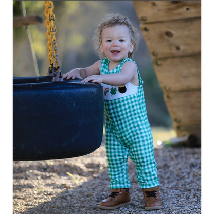 St. Patrick's Day Shamrock Smocking Embroidered Green Plaid Boys' Romper