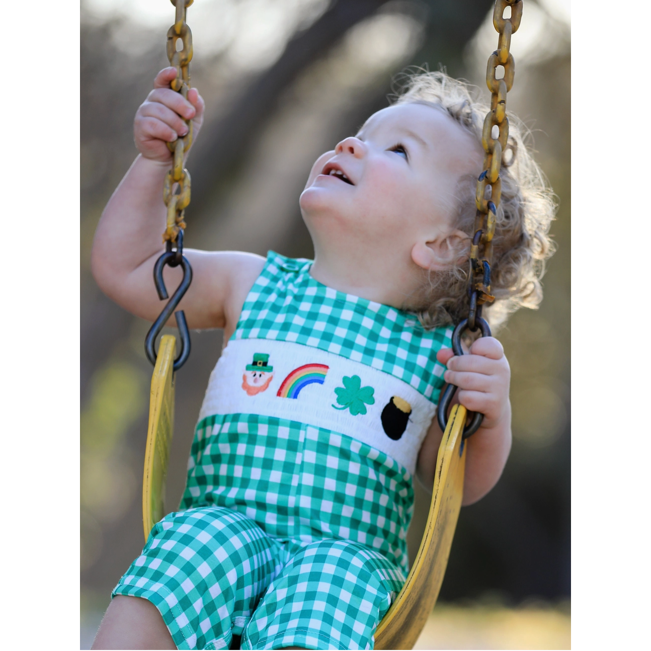 St. Patrick's Day Shamrock Smocking Embroidered Green Plaid Boys' Romper