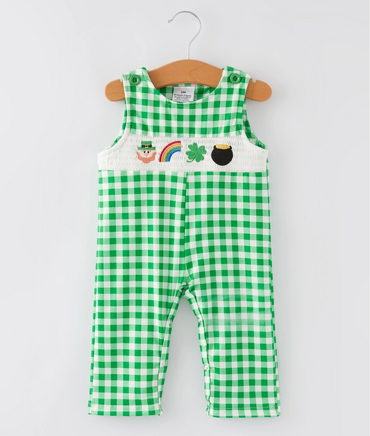 St. Patrick's Day Shamrock Smocking Embroidered Green Plaid Boys' Romper