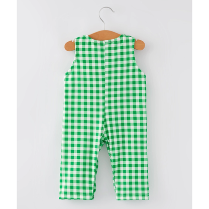 St. Patrick's Day Shamrock Smocking Embroidered Green Plaid Boys' Romper
