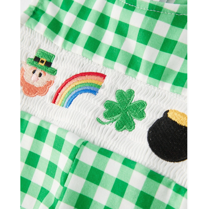 St. Patrick's Day Shamrock Smocking Embroidered Green Plaid Boys' Romper
