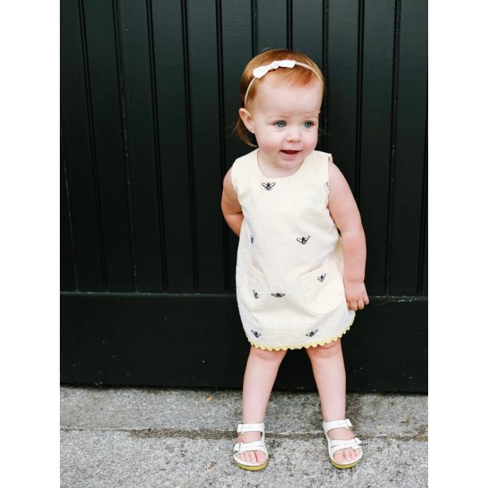 Yellow Seersucker Dress with Embroidered Bees