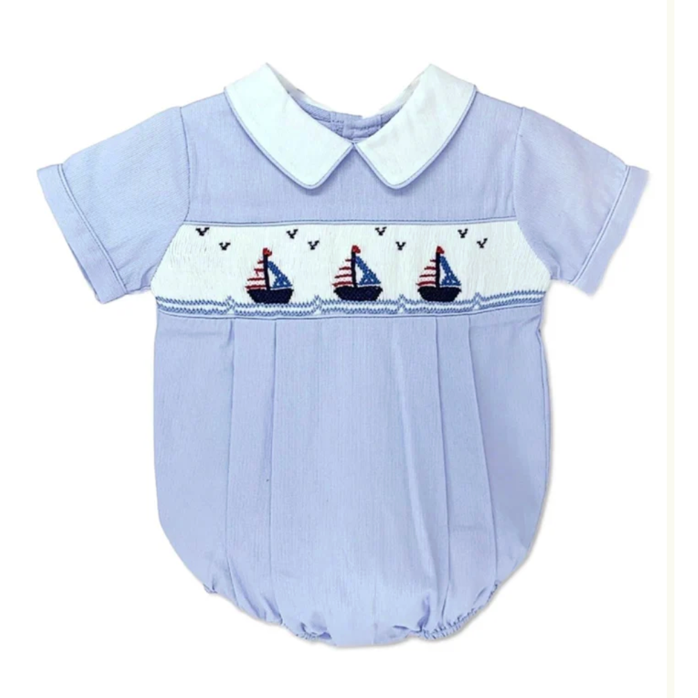 Blue Smocked Boats Baby Boy Summer Bubble