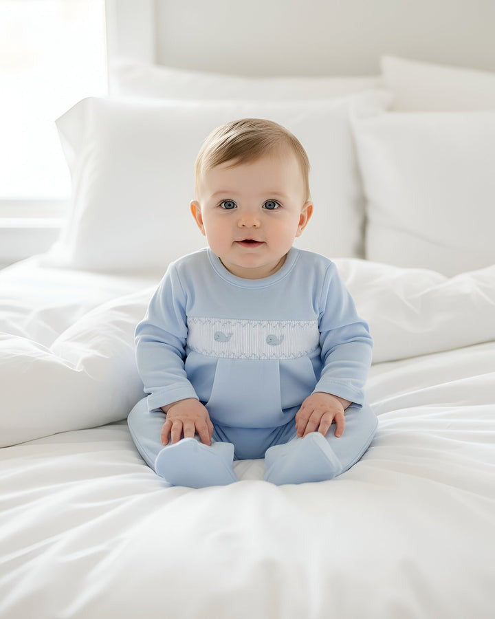 Whale Watch Smocked Footed Romper-Chatham Bars Blue
