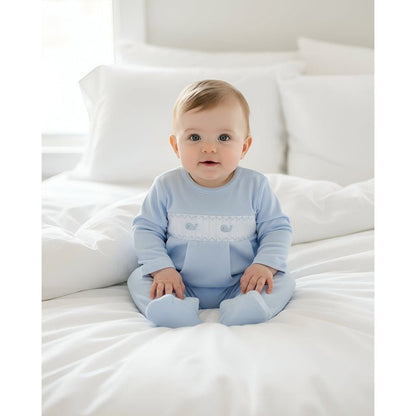 Whale Watch Smocked Footed Romper-Chatham Bars Blue