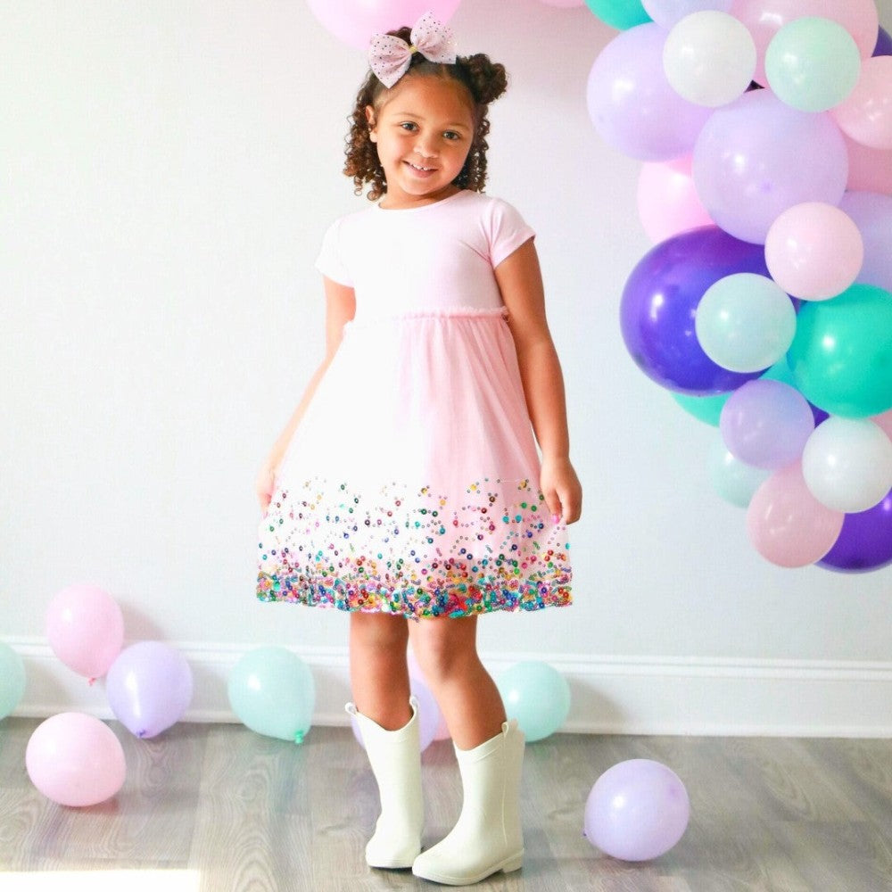 Pink Confetti Short Sleeve Tutu Dress|9725