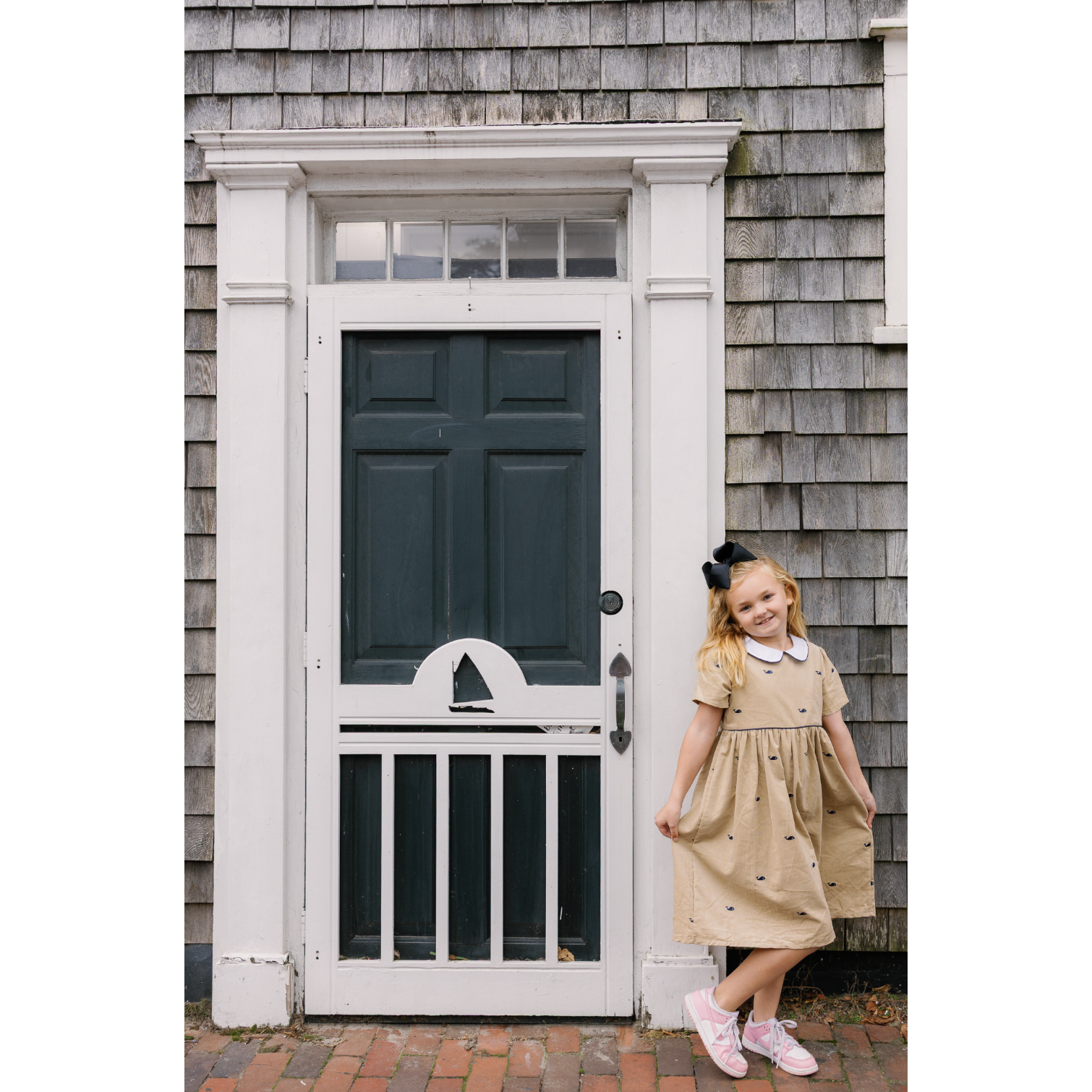 Tan Corduroy Dress with Navy Whales|10185