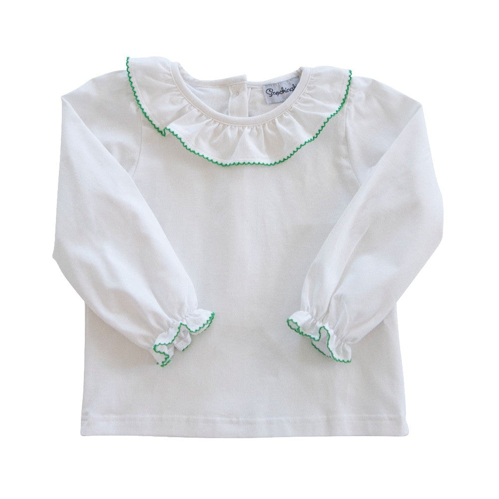 White Knit Blouse with Green Picot Trim|10784