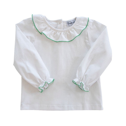 White Knit Blouse with Green Picot Trim|10784