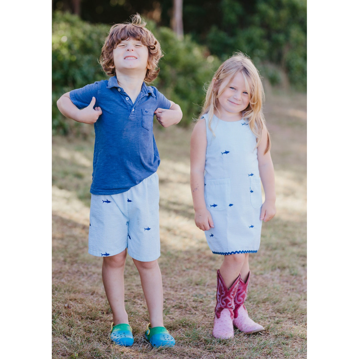Turquoise Seersucker Dress Navy Sharks|3115