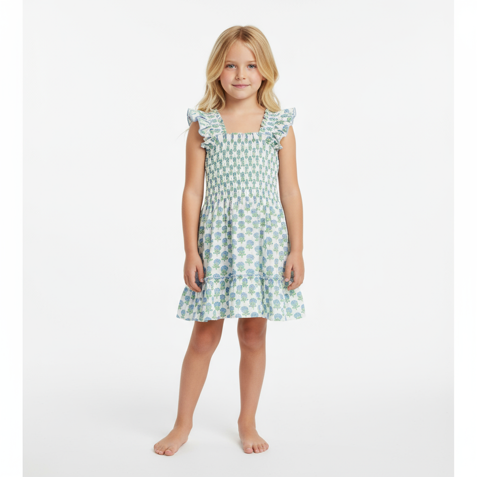 Mini Paloma Dress- Aqua Floral Block Print|11750