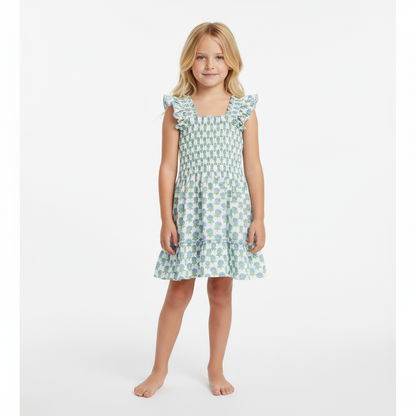 Mini Paloma Dress- Aqua Floral Block Print|11750