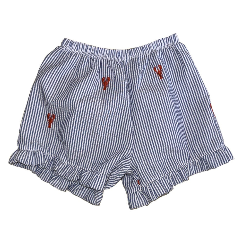 Blue Seersucker Ruffle Shorts with Red Lobster|9626