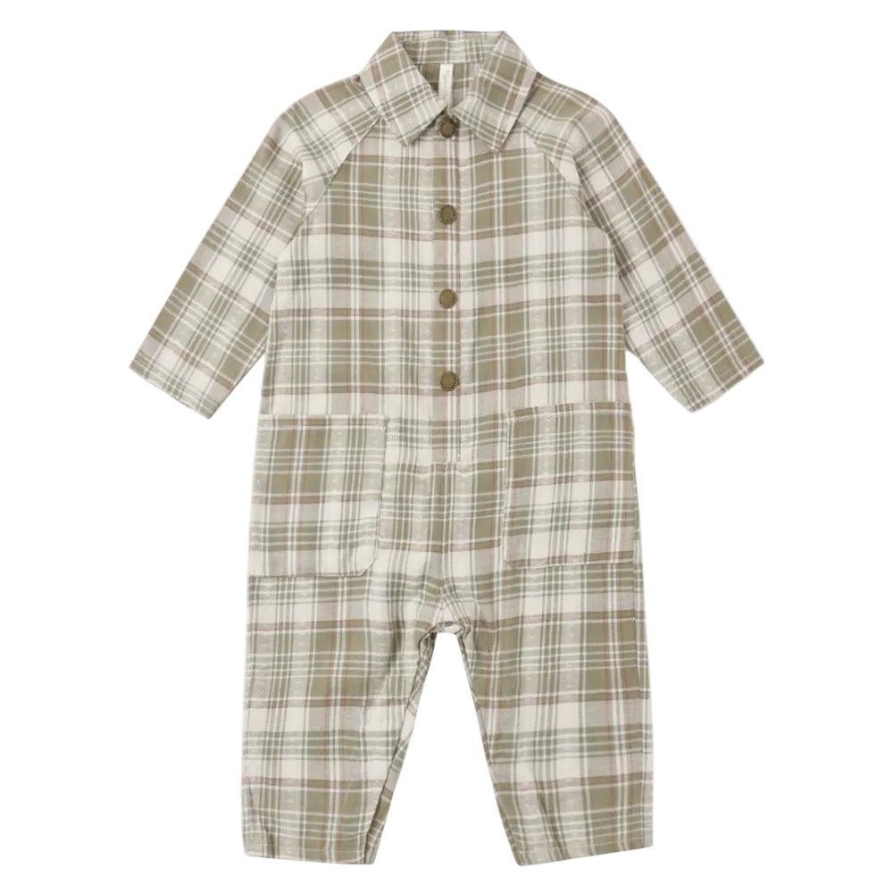 Collared Baby Jumpsuit Olive Dobby Plaid|12225