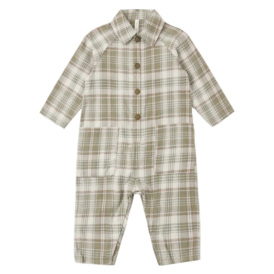 Collared Baby Jumpsuit Olive Dobby Plaid|12225