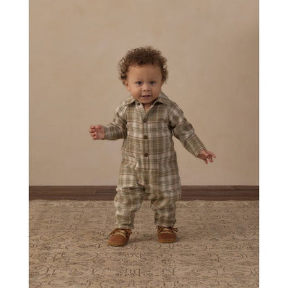 Collared Baby Jumpsuit Olive Dobby Plaid