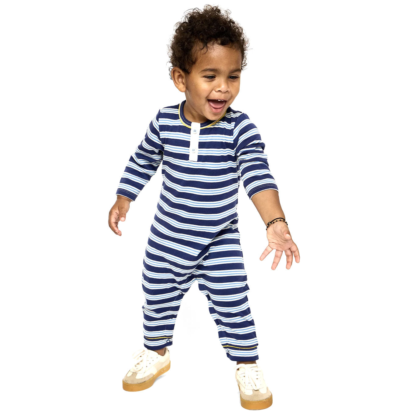 Campbell Romper, Navy Twin Stripe