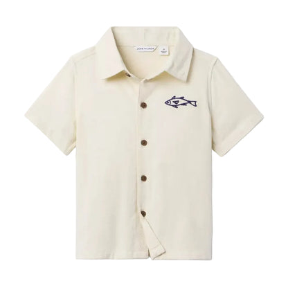 Fish Embroidered Short Sleeve Shirt-Cream