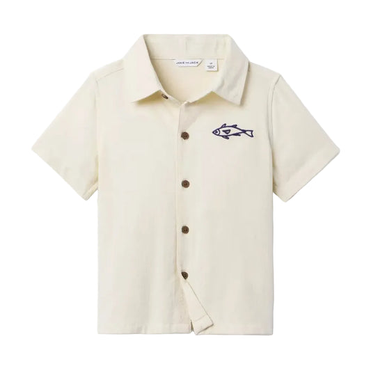 Fish Embroidered Short Sleeve Shirt-Cream
