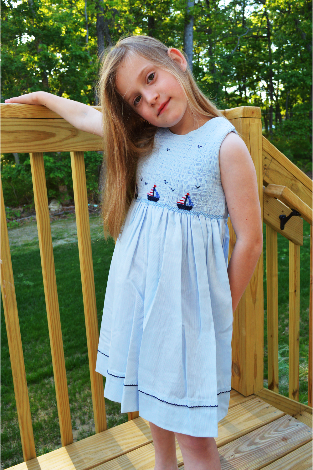 Blue Hand Smocked Sailboats Girl Dress|11603