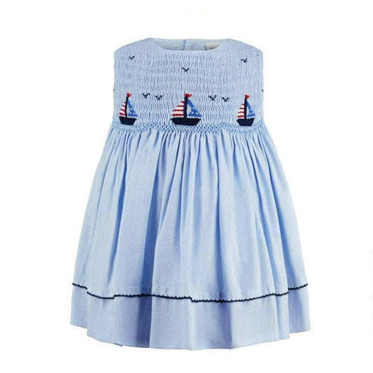 Blue Hand Smocked Sailboats Girl Dress|11604