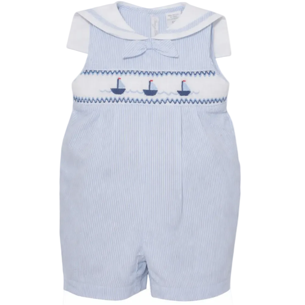 Light Blue Seersucker Sailboats Boy Romper|11612