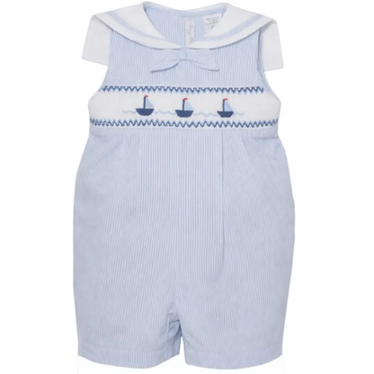 Light Blue Seersucker Sailboats Boy Romper|11612