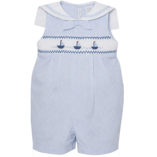 Light Blue Seersucker Sailboats Boy Romper|11612