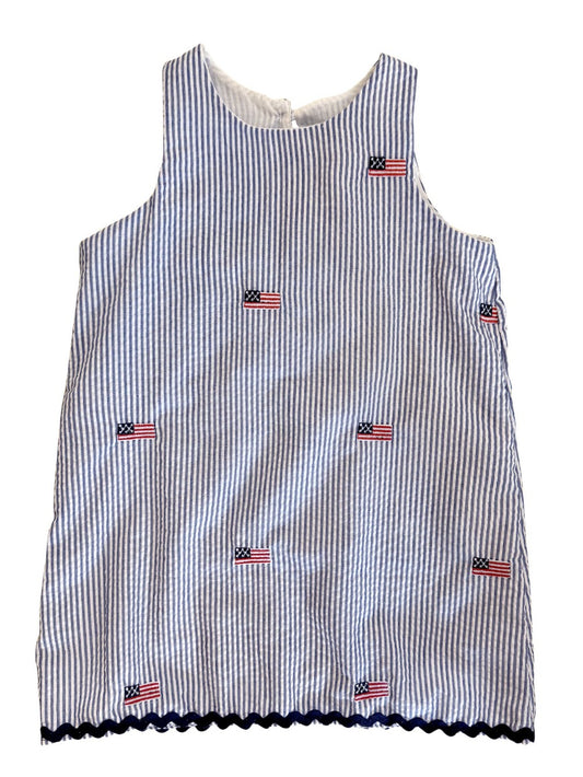 Blue Seersucker Dress with American Flags|7738