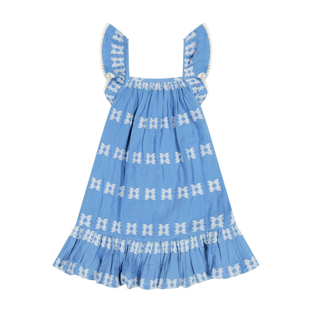 Mini Eva Dress- Blue w/ White Embroidery|11793