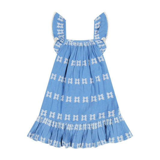 Mini Eva Dress- Blue w/ White Embroidery|11793