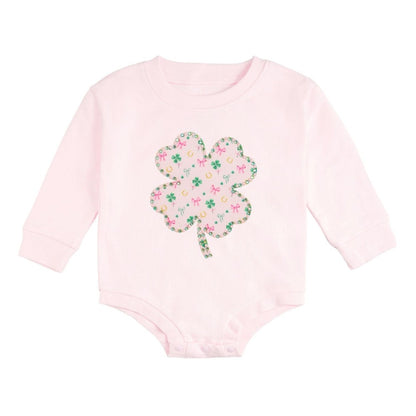 Ditsy Shamrock Patch St. Patrick's Day Long Sleeve Romper Ballet|10879